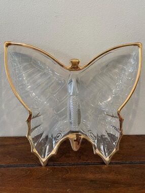 Vintage Janette Clear Glass 8" Butterfly Candy Dish with 22k Gold Trim.